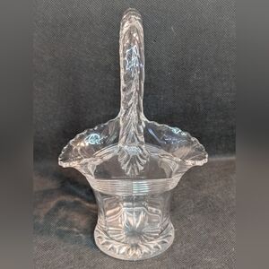 Vintage Floral Etched Pressed Glass Crystal Bride Basket glow yellow-green.